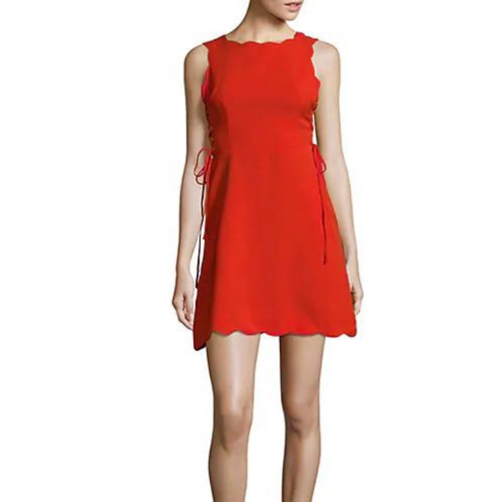 FEW MODA Red Scalloped Lace Up Waist Scalloped A Line Sleeveless Mini Dress M - Picture 4 of 7